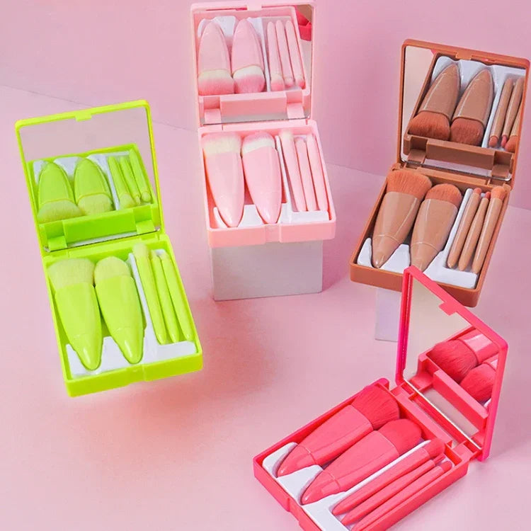 Conjunto de 5 pincéis de maquilhagem médios portáteis com espelho, pincel multifuncional mini, castanho, vermelho-rosado, rosa, verde fluorescente