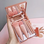 Conjunto de 5 pincéis de maquilhagem médios portáteis com espelho, pincel multifuncional mini, castanho, vermelho-rosado, rosa, verde fluorescente