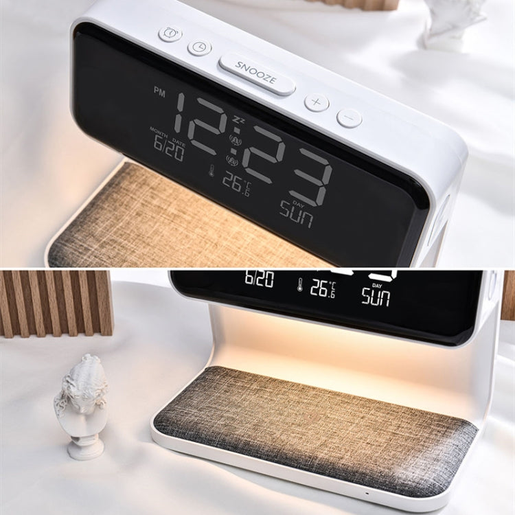 Lâmpada de Cabeceira com Carregamento Sem Fios 3 em 1 10W, Ecrã LCD, Relógio Despertador, Carregador de Telemóvel, Ficha UE