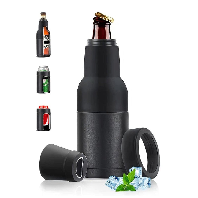 Caneca Isolada de Vácuo Duplo 12oz para Lata de Coca-Cola, Resfriador de Cerveja em Aço Inoxidável 304 com Abridor de Garrafas, Preto