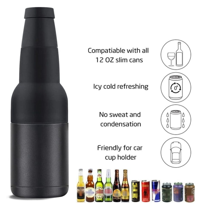 Caneca Isolada de Vácuo Duplo 12oz para Lata de Coca-Cola, Resfriador de Cerveja em Aço Inoxidável 304 com Abridor de Garrafas, Preto