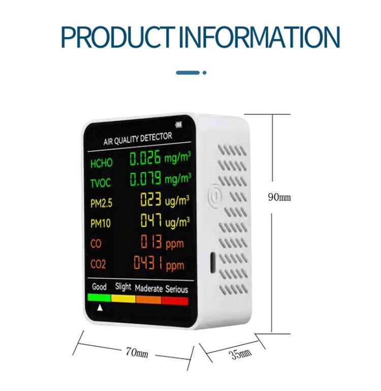 Detetor de Qualidade do Ar PM2.5/PM10 Monitor de Qualidade do Ar Interior, Detetor de Qualidade do Ar 6 em 1 Branco, Detetor de Qualidade do Ar 6 em 1 Preto