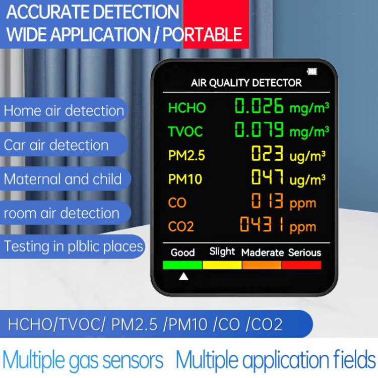 Detetor de Qualidade do Ar PM2.5/PM10 Monitor de Qualidade do Ar Interior, Detetor de Qualidade do Ar 6 em 1 Branco, Detetor de Qualidade do Ar 6 em 1 Preto