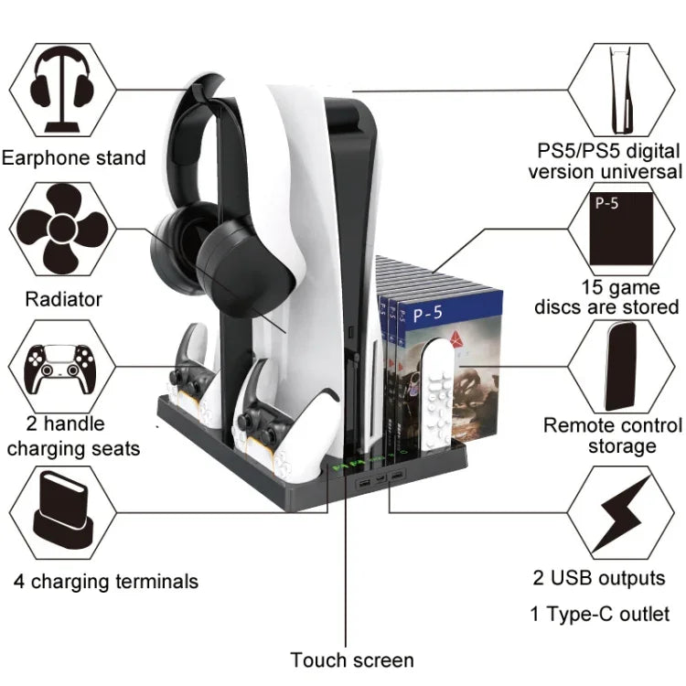 iplay para PS5 Base de Carregamento com Ventoinha de Arrefecimento para Comando de Jogo com Suporte para Disco, HBP-271