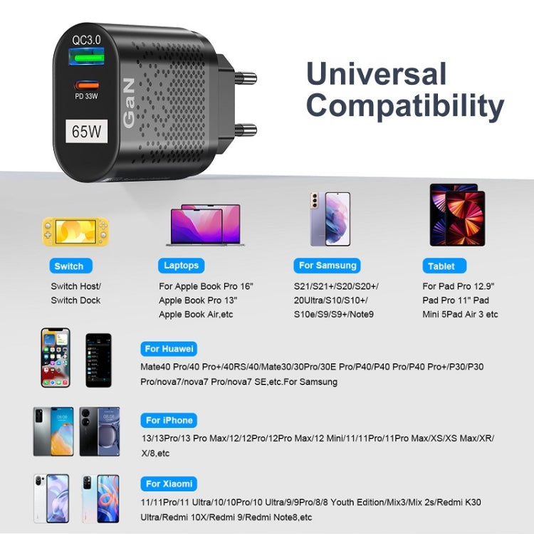 Carregador de Telemóvel 65W GaN PD de Carregamento Rápido para Computador, Ficha UE Preta, Ficha UK Preta, Ficha EUA Preta, Ficha AU Preta, Ficha KR Preta, Ficha UE Branca, Ficha UK Branca, Ficha EUA Branca, Ficha AU Branca, Ficha KR Branca