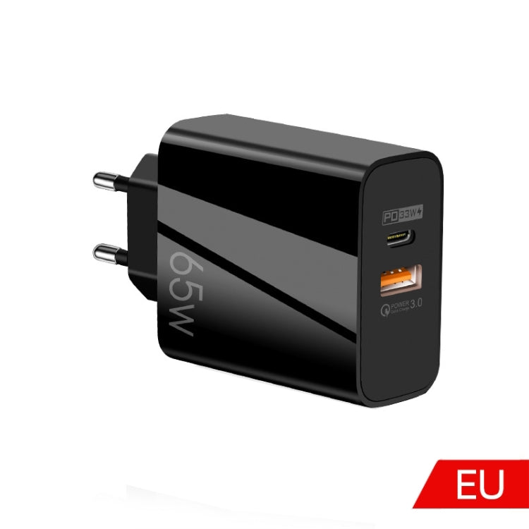 A502 Carregador GaN de 65W USB-C/Tipo-C+USB Porta Dupla QC3.0 Universal para Portátil, Ficha UE Preto, Ficha UE Branco, Ficha EUA Preto, Ficha EUA Branco, Ficha Reino Unido Preto, Ficha Reino Unido Branco