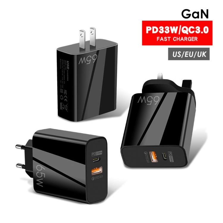 A502 Carregador GaN de 65W USB-C/Tipo-C+USB Porta Dupla QC3.0 Universal para Portátil, Ficha UE Preto, Ficha UE Branco, Ficha EUA Preto, Ficha EUA Branco, Ficha Reino Unido Preto, Ficha Reino Unido Branco