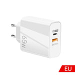 A502 Carregador GaN de 65W USB-C/Tipo-C+USB Porta Dupla QC3.0 Universal para Portátil, Ficha UE Preto, Ficha UE Branco, Ficha EUA Preto, Ficha EUA Branco, Ficha Reino Unido Preto, Ficha Reino Unido Branco