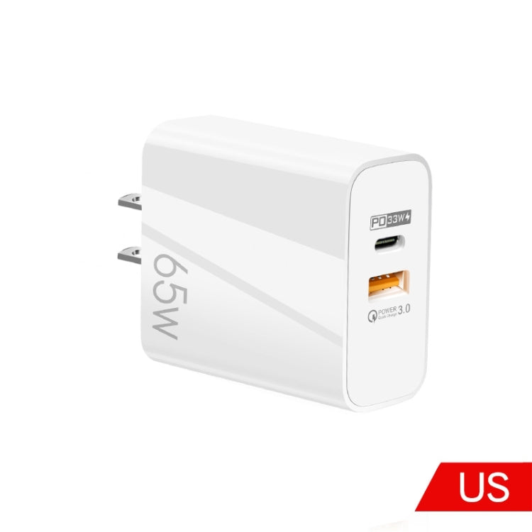 A502 Carregador GaN de 65W USB-C/Tipo-C+USB Porta Dupla QC3.0 Universal para Portátil, Ficha UE Preto, Ficha UE Branco, Ficha EUA Preto, Ficha EUA Branco, Ficha Reino Unido Preto, Ficha Reino Unido Branco