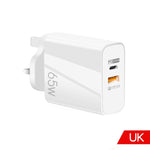 A502 Carregador GaN de 65W USB-C/Tipo-C+USB Porta Dupla QC3.0 Universal para Portátil, Ficha UE Preto, Ficha UE Branco, Ficha EUA Preto, Ficha EUA Branco, Ficha Reino Unido Preto, Ficha Reino Unido Branco