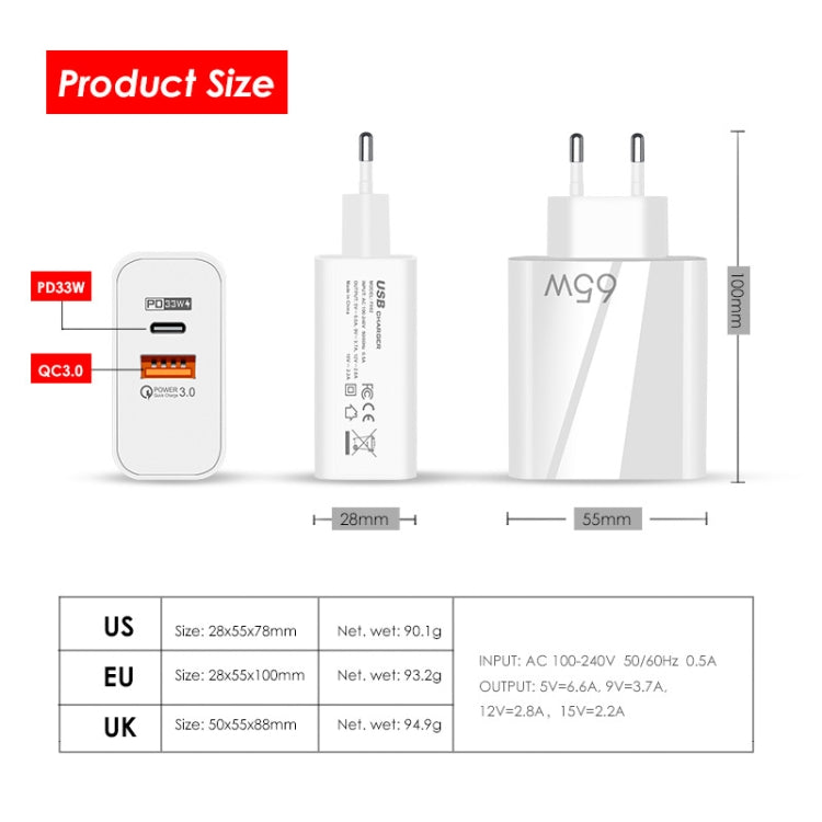 A502 Carregador GaN de 65W USB-C/Tipo-C+USB Porta Dupla QC3.0 Universal para Portátil, Ficha UE Preto, Ficha UE Branco, Ficha EUA Preto, Ficha EUA Branco, Ficha Reino Unido Preto, Ficha Reino Unido Branco