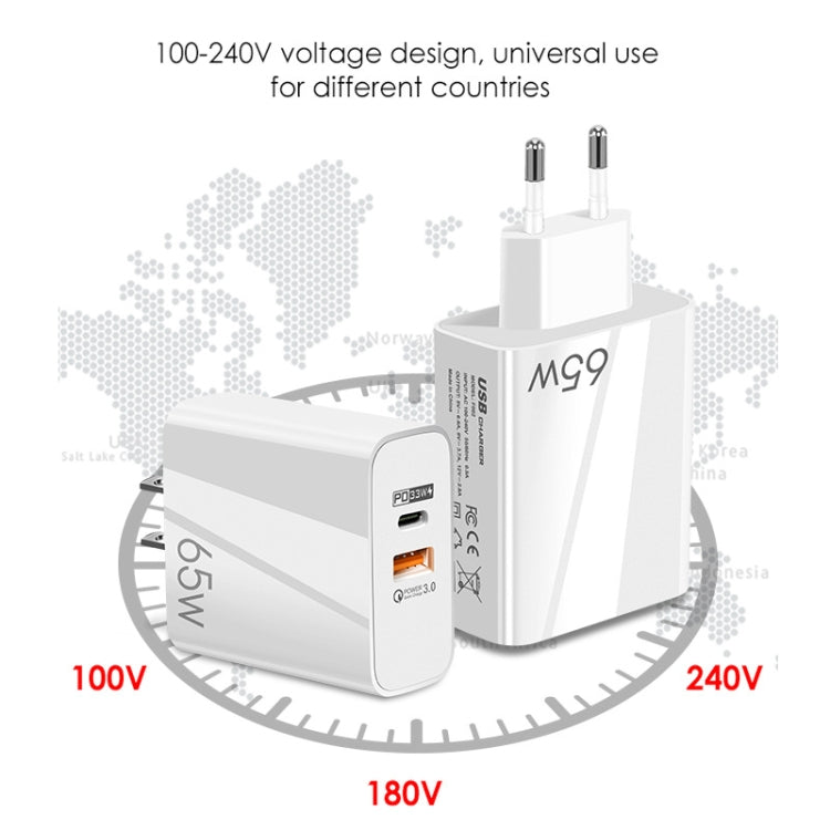 A502 Carregador GaN de 65W USB-C/Tipo-C+USB Porta Dupla QC3.0 Universal para Portátil, Ficha UE Preto, Ficha UE Branco, Ficha EUA Preto, Ficha EUA Branco, Ficha Reino Unido Preto, Ficha Reino Unido Branco