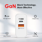 A502 Carregador GaN de 65W USB-C/Tipo-C+USB Porta Dupla QC3.0 Universal para Portátil, Ficha UE Preto, Ficha UE Branco, Ficha EUA Preto, Ficha EUA Branco, Ficha Reino Unido Preto, Ficha Reino Unido Branco