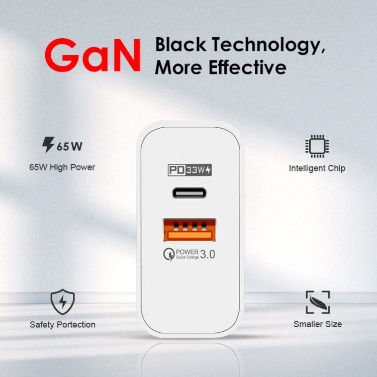 A502 Carregador GaN de 65W USB-C/Tipo-C+USB Porta Dupla QC3.0 Universal para Portátil, Ficha UE Preto, Ficha UE Branco, Ficha EUA Preto, Ficha EUA Branco, Ficha Reino Unido Preto, Ficha Reino Unido Branco