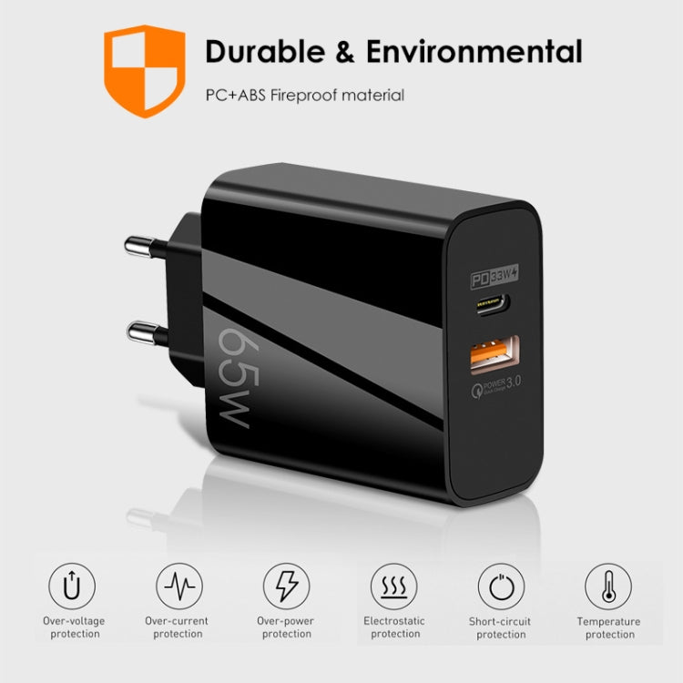 A502 Carregador GaN de 65W USB-C/Tipo-C+USB Porta Dupla QC3.0 Universal para Portátil, Ficha UE Preto, Ficha UE Branco, Ficha EUA Preto, Ficha EUA Branco, Ficha Reino Unido Preto, Ficha Reino Unido Branco