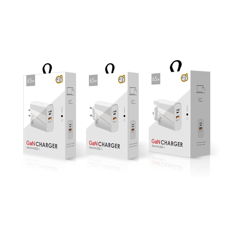 A502 Carregador GaN de 65W USB-C/Tipo-C+USB Porta Dupla QC3.0 Universal para Portátil, Ficha UE Preto, Ficha UE Branco, Ficha EUA Preto, Ficha EUA Branco, Ficha Reino Unido Preto, Ficha Reino Unido Branco