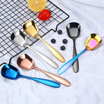 Colher Pequena em Aço Inoxidável 304 Brilhante com Cabeça Plana Espessada e Fundo Plano para Servir, Cor Aço Inoxidável, Dourado Titânio, Dourado Rosé, Colorido, Preto, Azul