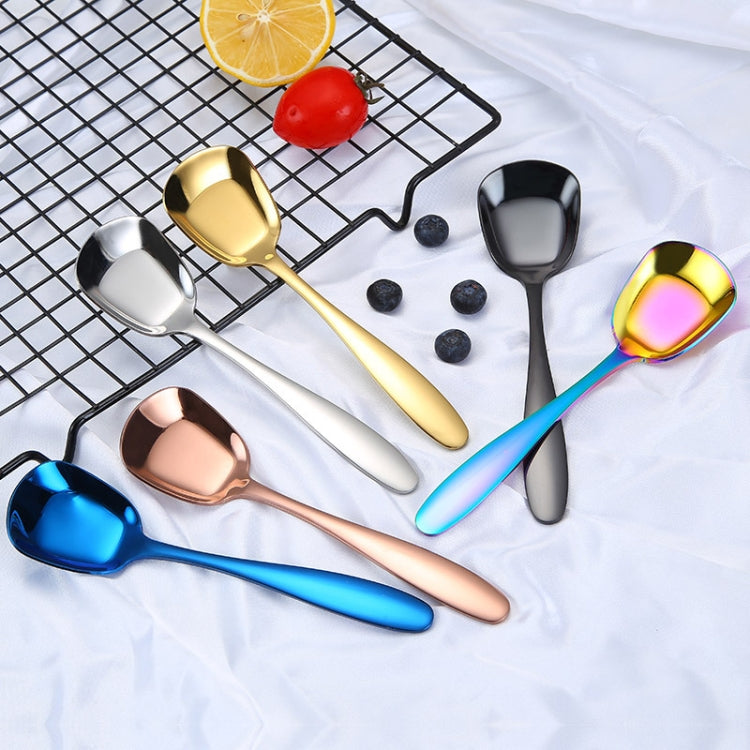 Colher Pequena em Aço Inoxidável 304 Brilhante com Cabeça Plana Espessada e Fundo Plano para Servir, Cor Aço Inoxidável, Dourado Titânio, Dourado Rosé, Colorido, Preto, Azul