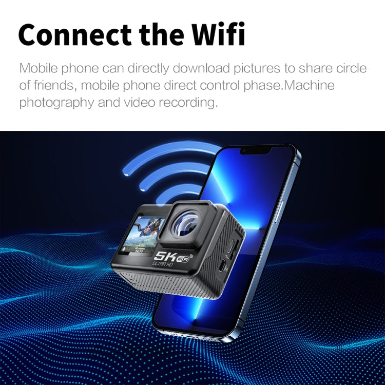 Câmara desportiva WIFI HD anti-tremor com ecrã duplo, controlo remoto, IP68 impermeável, 5K/30FPS, câmara 5K + cartão 64G, câmara 5K + cartão 128G