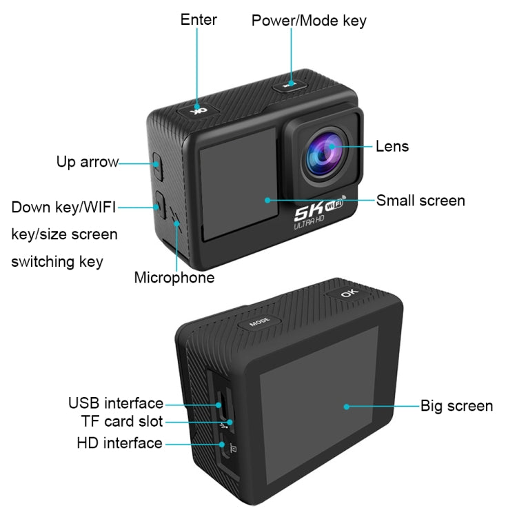 Câmara desportiva WIFI HD anti-tremor com ecrã duplo, controlo remoto, IP68 impermeável, 5K/30FPS, câmara 5K + cartão 64G, câmara 5K + cartão 128G