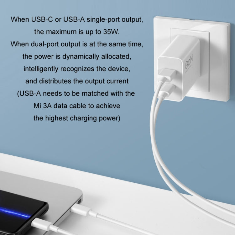 Carregador Portátil Original Xiaomi 35W USB-C+USB-A de Carga Rápida Porta Dupla (1C+1A), Ficha EUA, 35W