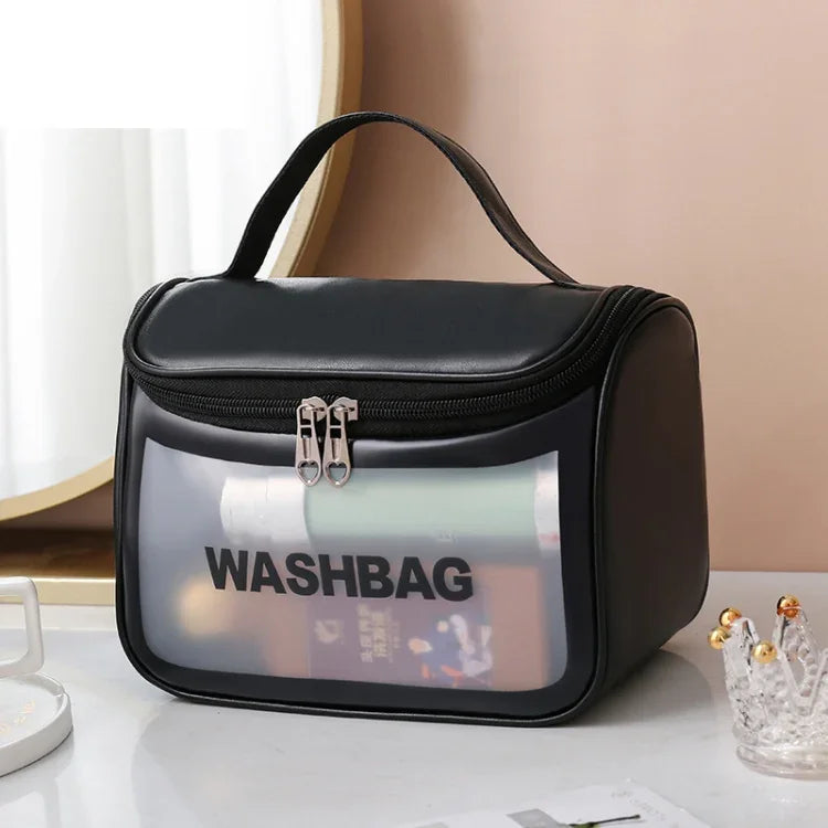 Bolsa Cosmética Translúcida em PVC Bolsa de Higiene Fosca Bolsa de Banho com Tampa de PU
