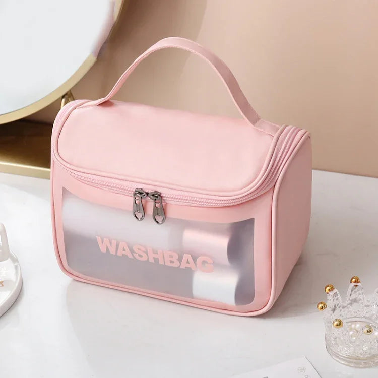 Bolsa Cosmética Translúcida em PVC Bolsa de Higiene Fosca Bolsa de Banho com Tampa de PU