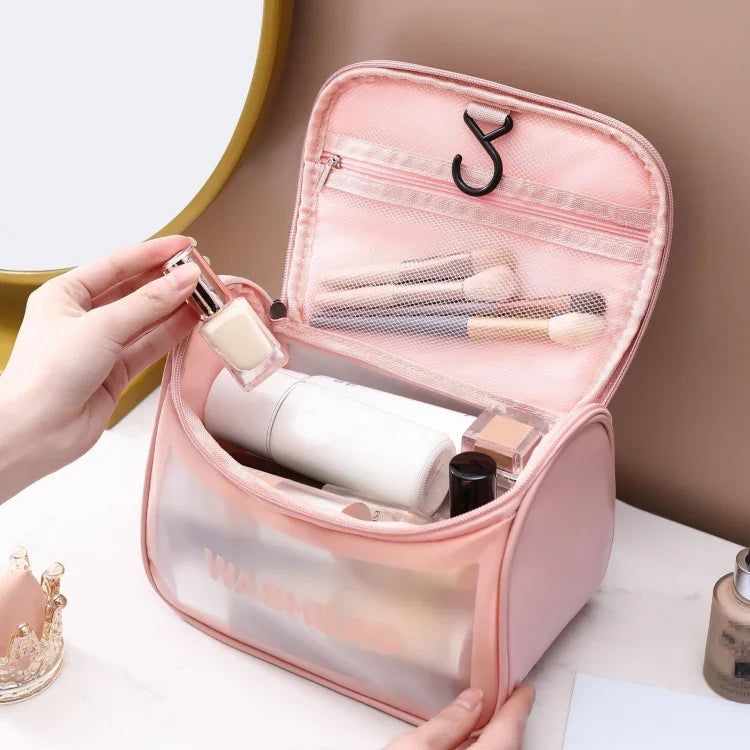 Bolsa Cosmética Translúcida em PVC Bolsa de Higiene Fosca Bolsa de Banho com Tampa de PU