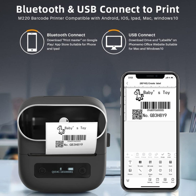 Impressora de Etiquetas Térmicas Bluetooth Phomemo M220 para Etiquetas de Joalharia e Roupa, M220