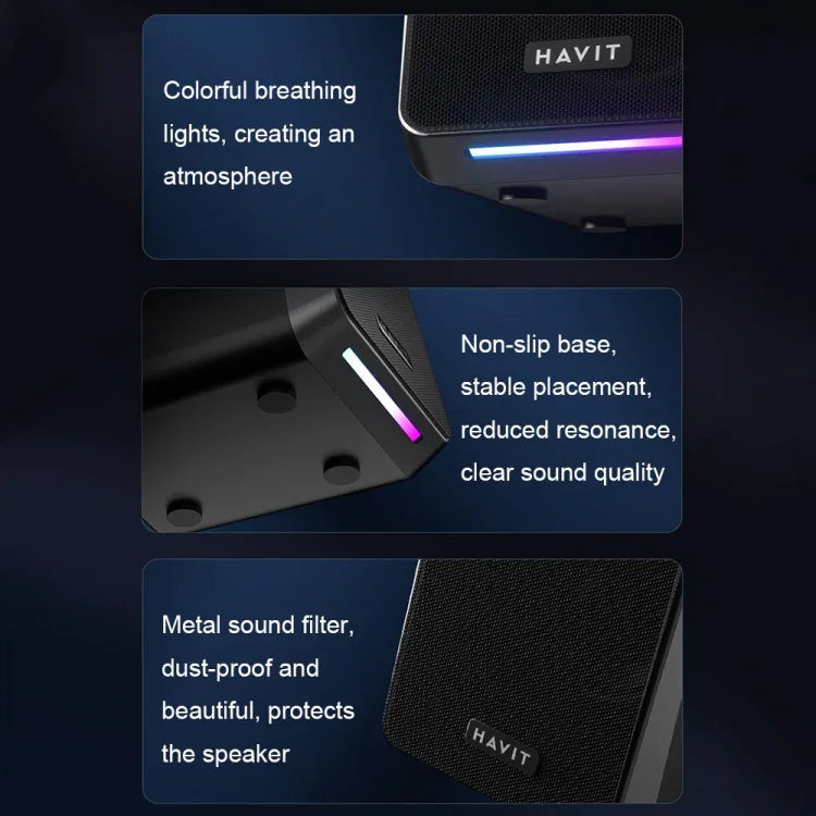 Coluna Estéreo de Som Ambiente Colorido com Fios Havit A20 Plus, Preto, Versão Bluetooth