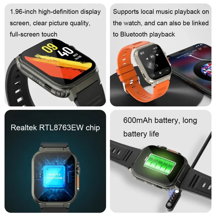 Relógio Inteligente Multifuncional A70 com Monitorização de Saúde, Ecrã de 1,96 polegadas, IP68 Impermeável, Chamadas Bluetooth, Preto, Laranja