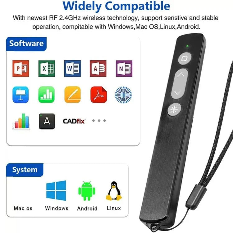 Caneta Multifuncional USB Sem Fios 2.4GHz para Virar Páginas PPT com Apontador Laser Eletrónico, K200
