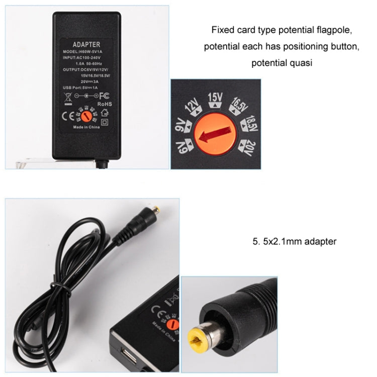 Carregador adaptador de energia DC ajustável 65W 6-20V 3A, ficha US, ficha EU, ficha UK pequena, ficha AU, ficha UK grande