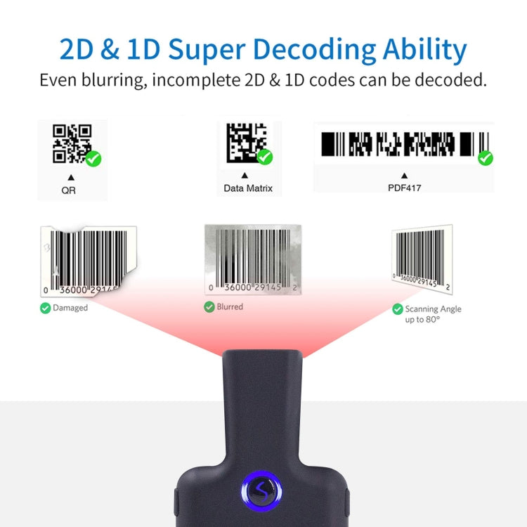 Leitor de Código de Barras Bluetooth HC101D 2D Sem Fios com Clipe para Telefone, 2D Central, 2D Lateral
