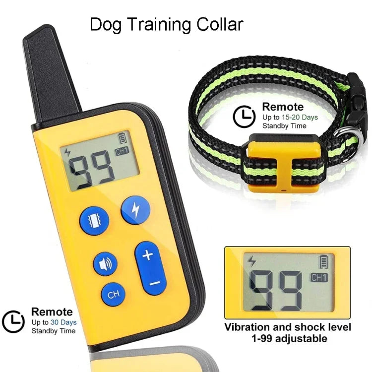Treinador de Cães com Controlo Remoto de 800m, Colar Elétrico com Choque e Vibração para Parar Latidos