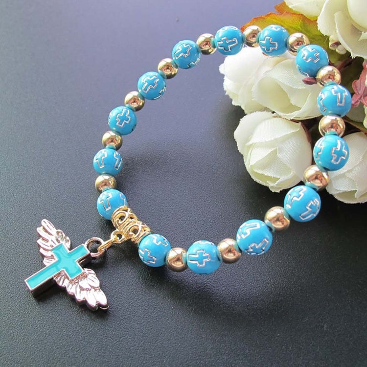 Pulseira de contas em acrílico com cruz de anjo estampada a ouro, Azul, Branco, Rosa, Prateado