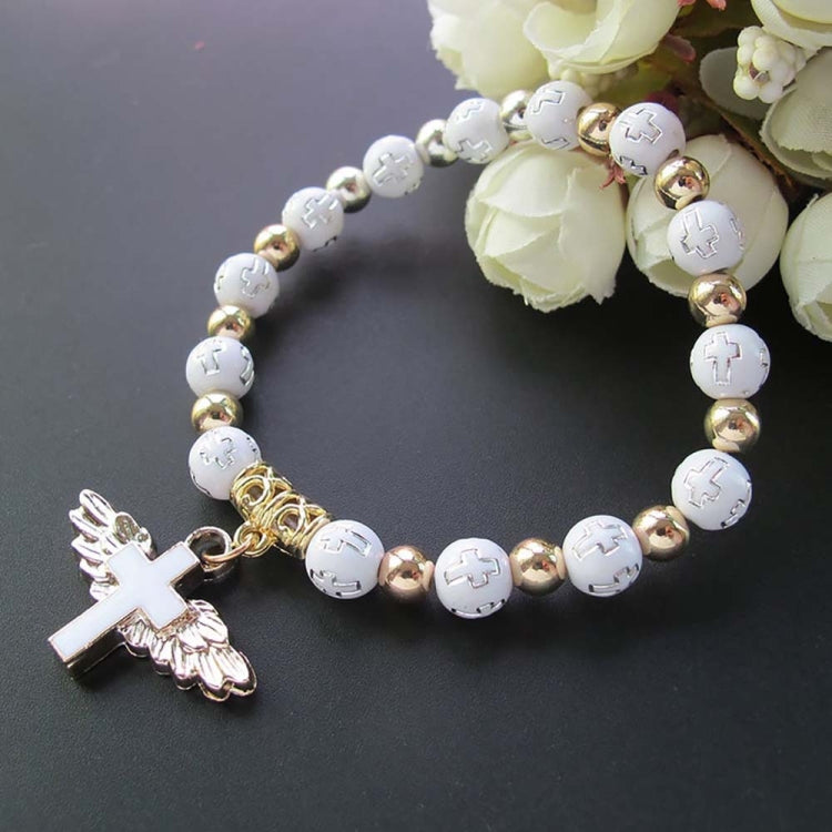 Pulseira de contas em acrílico com cruz de anjo estampada a ouro, Azul, Branco, Rosa, Prateado