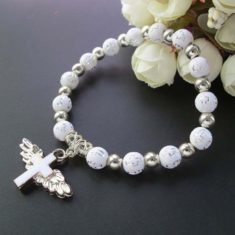 Pulseira de contas em acrílico com cruz de anjo estampada a ouro, Azul, Branco, Rosa, Prateado