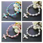 Pulseira de contas em acrílico com cruz de anjo estampada a ouro, Azul, Branco, Rosa, Prateado