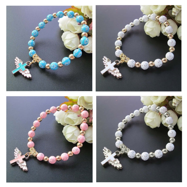 Pulseira de contas em acrílico com cruz de anjo estampada a ouro, Azul, Branco, Rosa, Prateado
