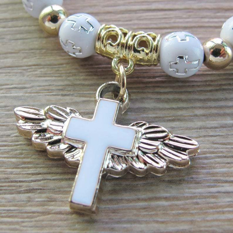 Pulseira de contas em acrílico com cruz de anjo estampada a ouro, Azul, Branco, Rosa, Prateado