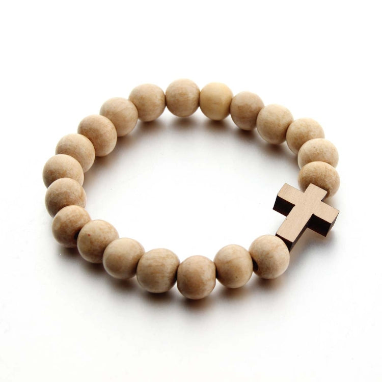 Pulseira com pendente de cruz em contas redondas de madeira feitas à mão