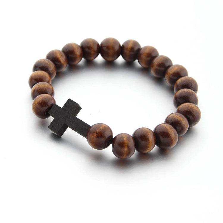 Pulseira com pendente de cruz em contas redondas de madeira feitas à mão