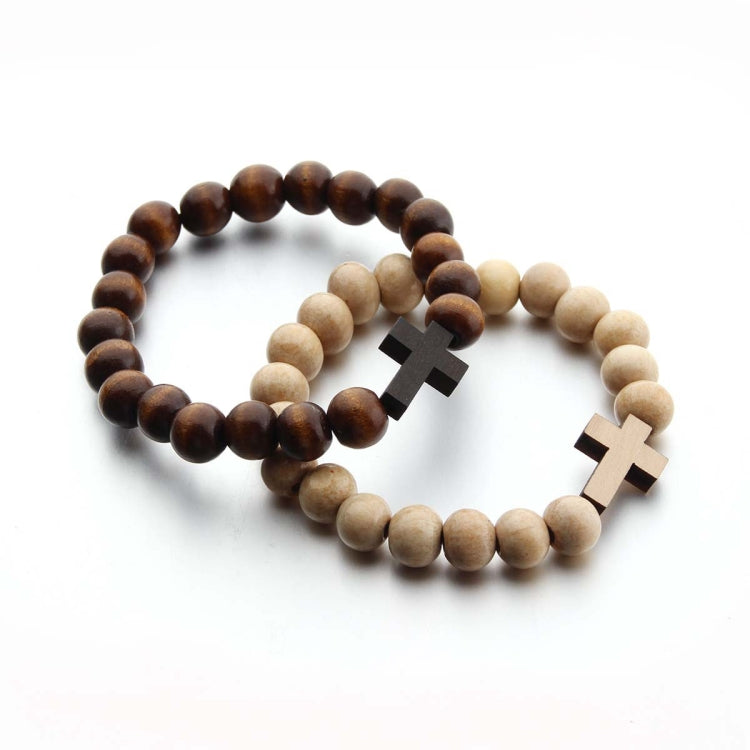 Pulseira com pendente de cruz em contas redondas de madeira feitas à mão