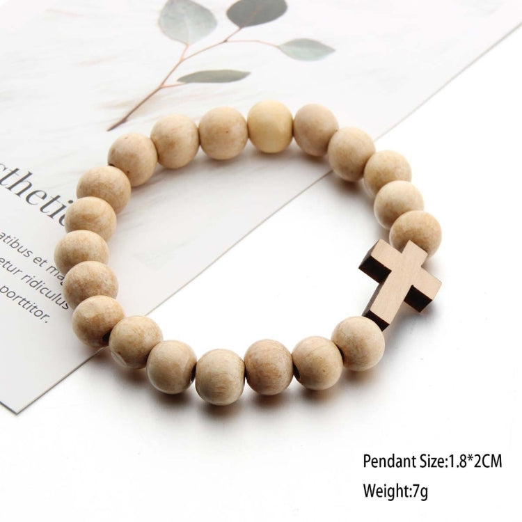 Pulseira com pendente de cruz em contas redondas de madeira feitas à mão