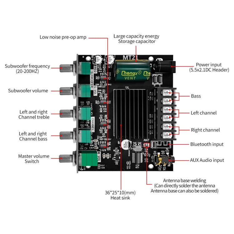 Módulo Amplificador Digital Bluetooth ZK-MT21 50W x 2 + 100W 2.1 Canais, ZK-MT21