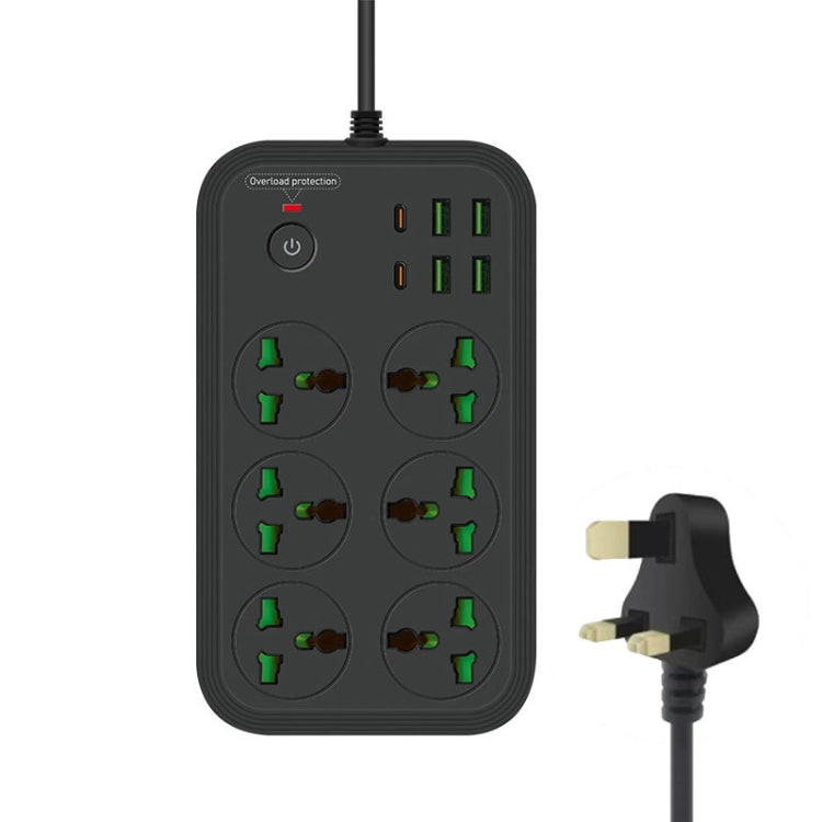 T24 Tomada Multifuncional Retardadora de Chamas 2m 3000W 6 Fichas + PD + 4 Portas USB com Interruptor, Ficha UK, Ficha US