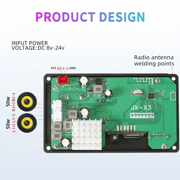 Amplificador de Potência com Ecrã a Cores 100W 12V TPA3116 Placa Decodificadora Bluetooth com Gravação de Chamadas, Comando à Distância de Silicone, Comando à Distância Pequeno de Silicone, Comando à Distância Pequeno