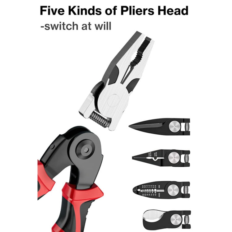 Kit de Alicates com Cabeças Intercambiáveis 5 em 1 para Reparação Geral, Vermelho Preto, Branco Castanho