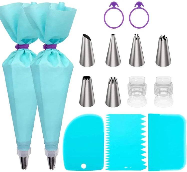 Conjunto de 15 em 1 de saco de pasteleiro de silicone para glacê com bicos de bolo em aço inoxidável, 15 peças/conjunto